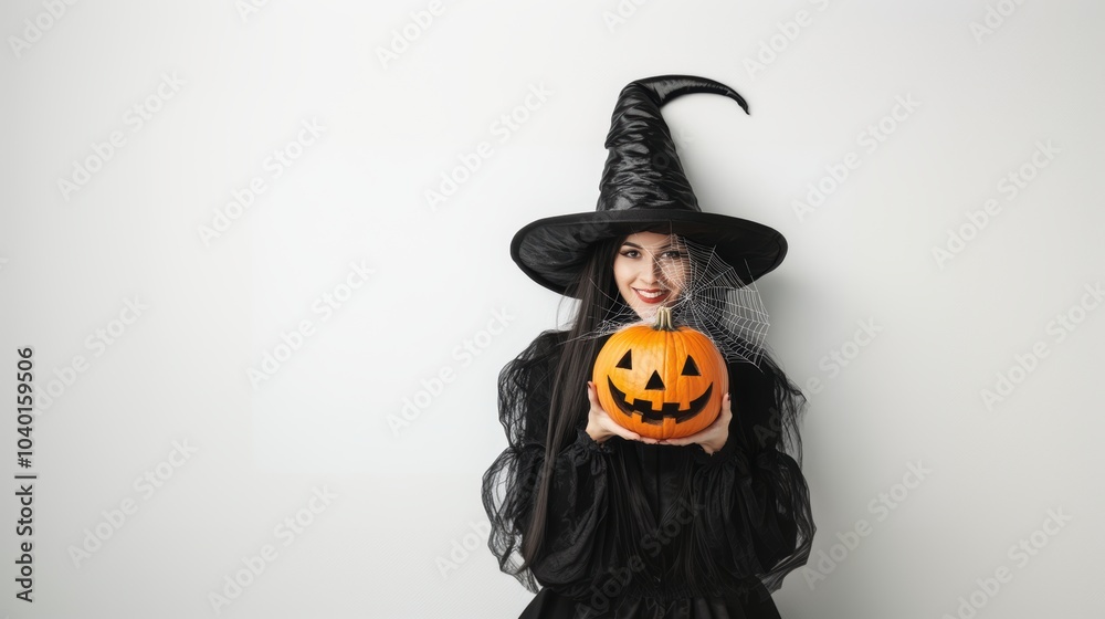 Isolated image of a female in witch costume holding a pumpkin