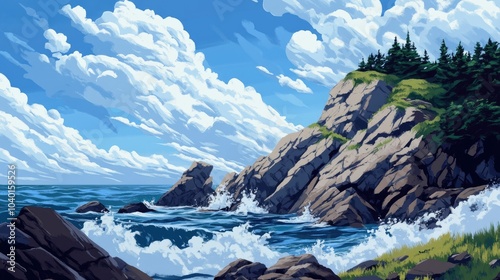 Rocky coastline along the Canadian Maritimes with crashing waves, leaving space for copy