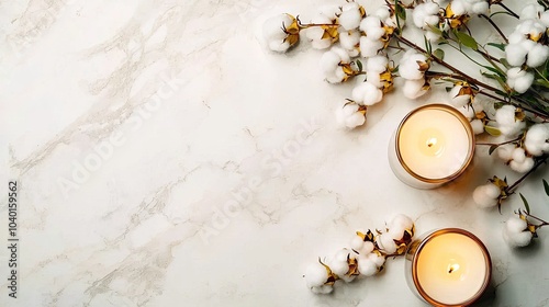 Candles and cotton flowers on a serene marble background.