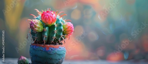 Colorful fancy Gymnocalycium cactus displaying abnormal growth in a nursery with a copy space image available