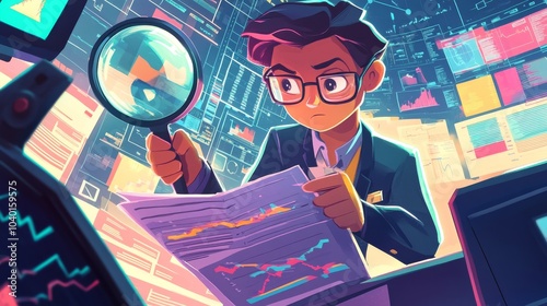 A man is looking at a piece of paper with a magnifying glass. The image is a cartoonish representation of a business analyst in a suit, with a computer monitor behind him
