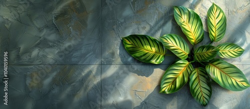 Faded yellow green calathea lutea leaves on a gray tiled floor with copy space image photo