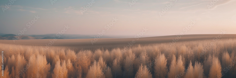 Tranquil forest under a soft gradient sky in a rural landscape Tranquil forest under a soft gradient sky in a rural landscape