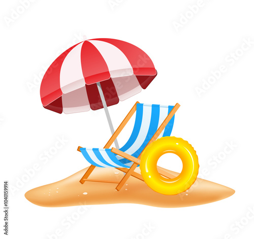 Beach chair standing under umbrella on sand with inflatable ring