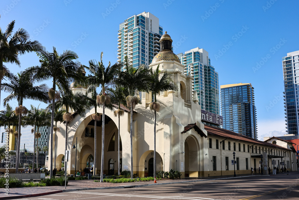 Obraz premium Santa Fe Depot station, a union train station, transportation center and historic landmark in San Diego, California, USA