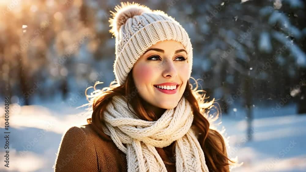Smiling Woman in Beige Winter Clothing with Cozy Scarf in a Snowy Forest at Sunset Smiling Woman in Beige Winter Clothing with Cozy Scarf in a Snowy Forest at Sunset