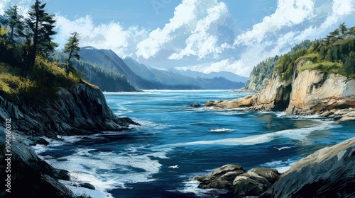 Rocky North American coastline with deep blue ocean, leaving space for copy