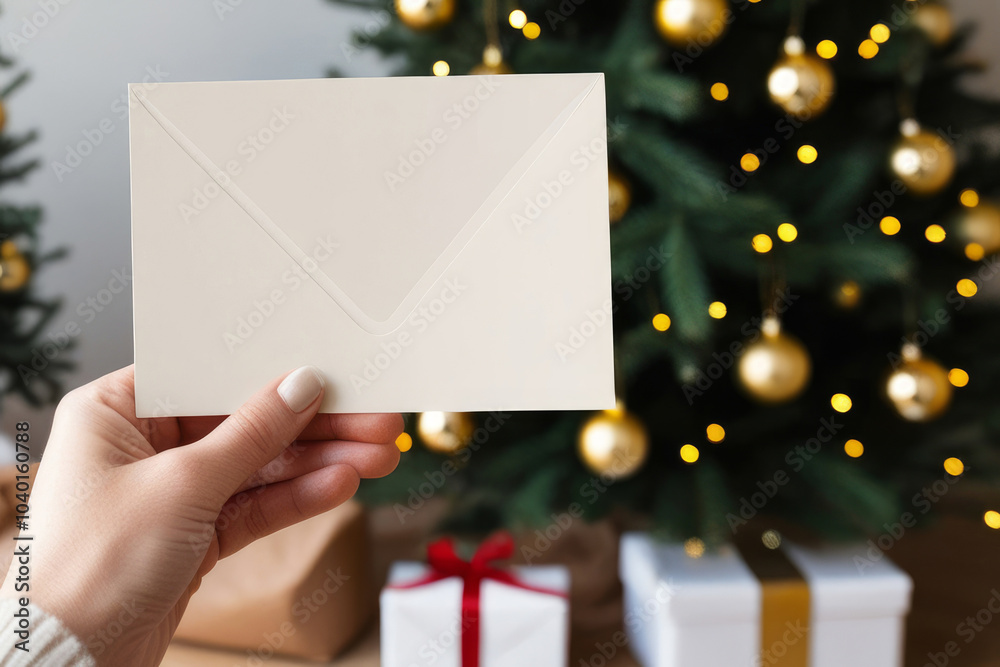 Christmas card mock up. Hand holding empty greeting envelope on background of stylish decorated christmas tree with golden lights. Space for text. Season greetings template and vintage ornaments. AI Christmas card mock up. Hand holding empty greeting envelope on background of stylish decorated christmas tree with golden lights. Space for text. Season greetings template and vintage ornaments. AI