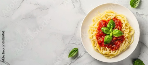 White ceramic table featuring delicious pasta topped with tomato sauce and fresh basil seen from above ideal for adding text copy space image included