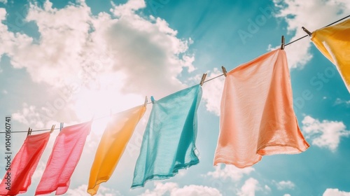 Freshly washed clothes hanging on a colorful washing line against a bright, sunny sky with fluffy clouds. Gentle breeze blowing through the drying fabric.