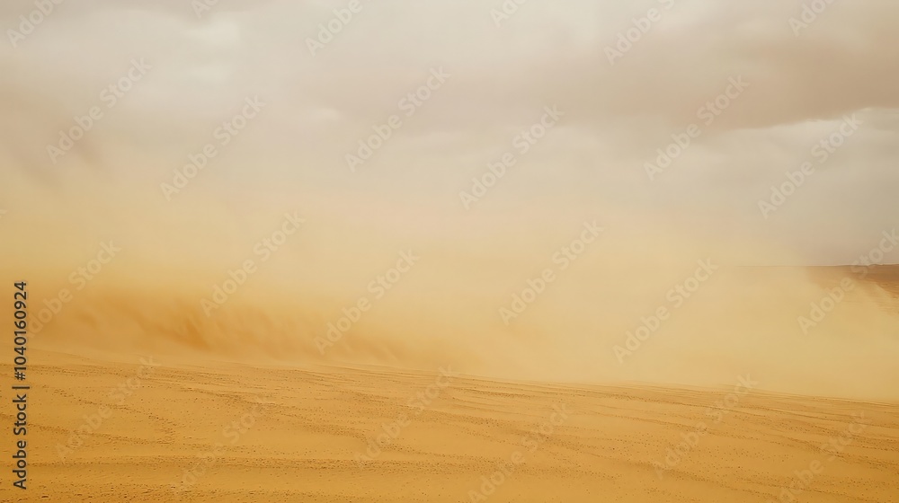 A dust storm whips across a desert landscape, obscuring the horizon with swirling sand. A dust storm whips across a desert landscape, obscuring the horizon with swirling sand.