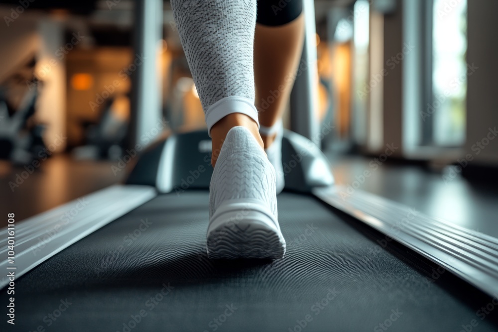 Fototapeta premium leg of woman running on treadmill in the gym which runner athletic by running shoes. Health and sport concept background, ai generated