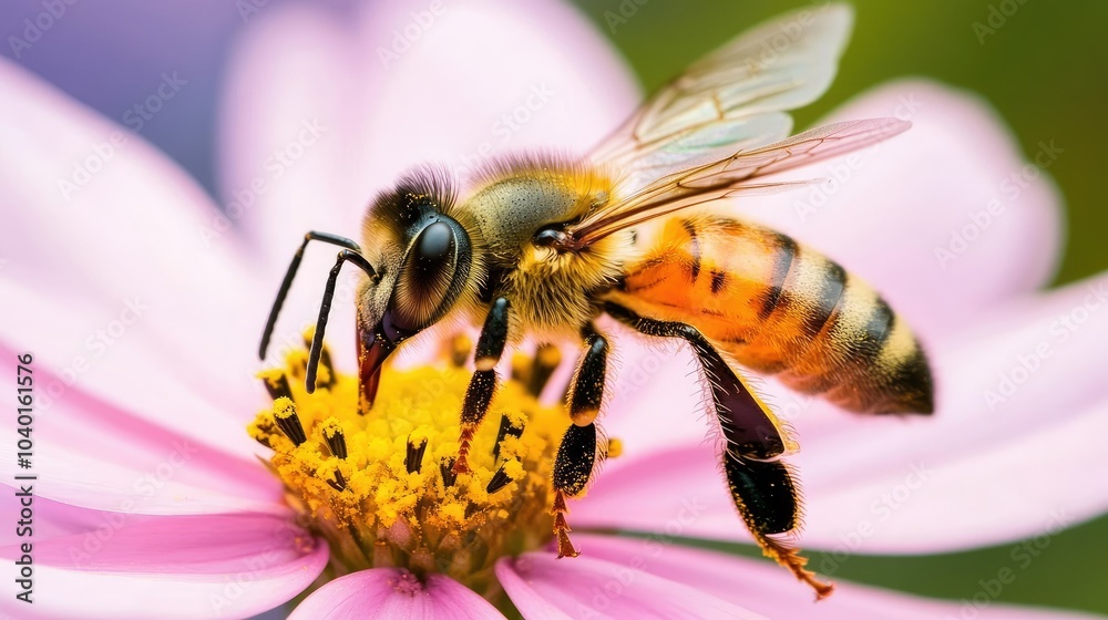A honey bee gathering pollen from a bright pink cosmos flower, with the motion of its wings captured mid-flight --chaos A honey bee gathering pollen from a bright pink cosmos flower, with the motion of its wings captured mid-flight --chaos