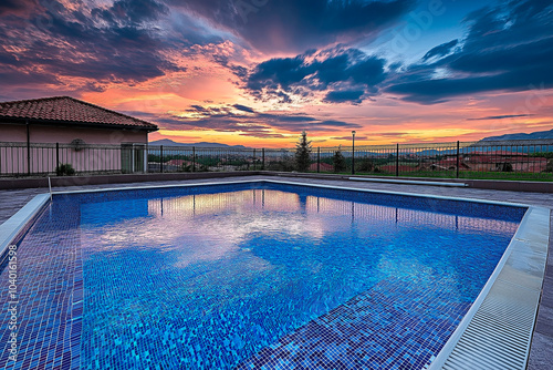 Serene outdoor pool reflecting colorful sunset sky. Beautiful swimming pool with vibrant evening sky reflection.