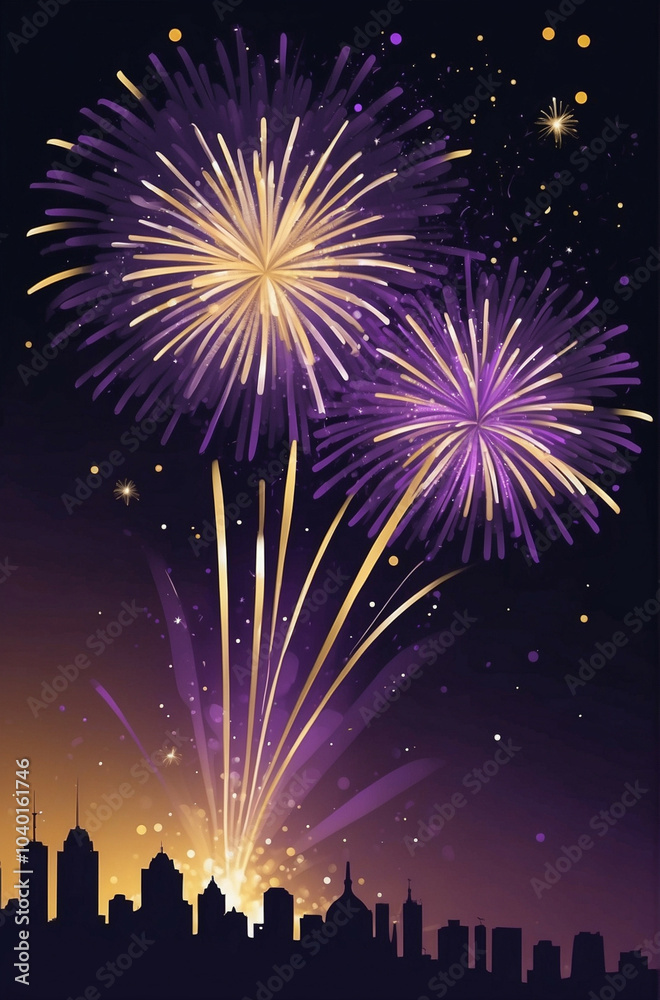 New Year celebration with golden and dark violet fireworks illuminating the night sky New Year celebration with golden and dark violet fireworks illuminating the night sky