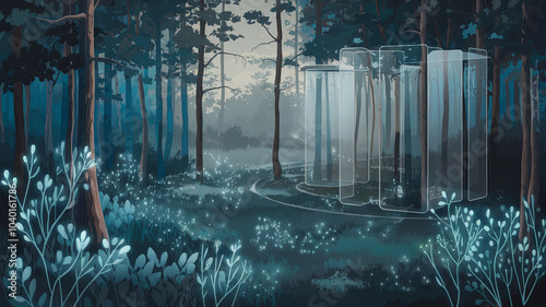 serene forest with bioluminescent plants glowing softly under twilight sky, surrounded by tall trees and mysterious structure. atmosphere evokes sense of wonder and tranquility