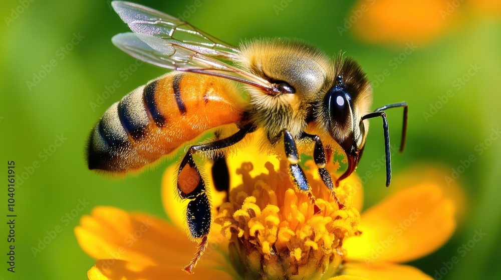A honey bee in mid-air, hovering near a blooming flower, ready to gather pollen, with sunlight illuminating its tiny wings --chaos A honey bee in mid-air, hovering near a blooming flower, ready to gather pollen, with sunlight illuminating its tiny wings --chaos