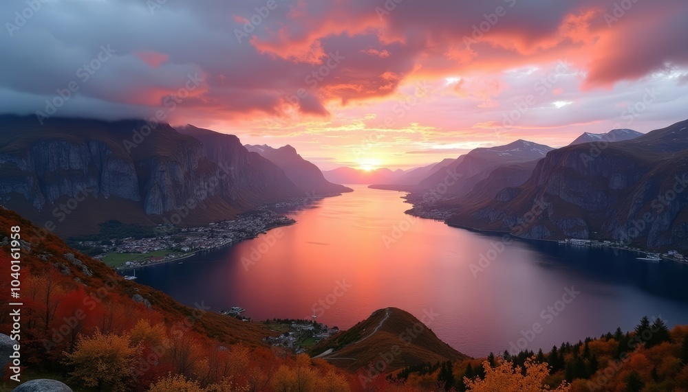 Obraz premium Epic Sunset over Majestic Mountains and Lake