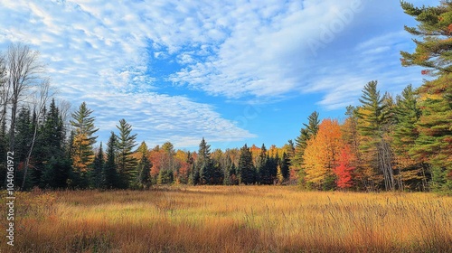 Serene Canadian forest in autumn with colorful trees and room for text in the sky