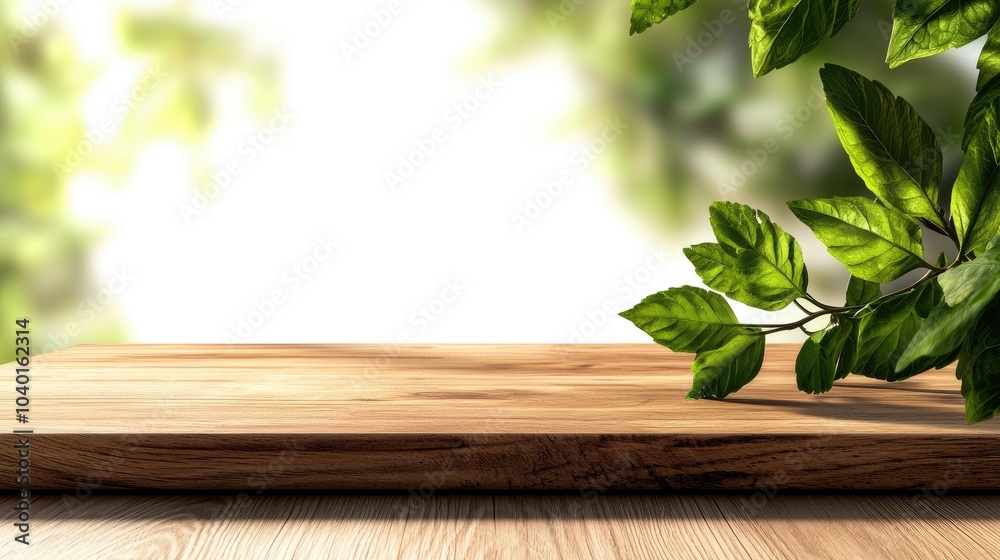 Wooden table with fresh green leaves, bright blurred background. Wooden table with fresh green leaves, bright blurred background.
