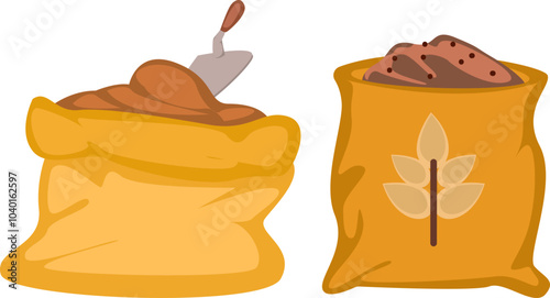 Sacks of Fertile Soil and Plant Fertilizer