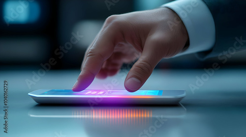 3D Close Up Businessman Hand Futuristic Holographic Payment Terminal Macro Shot Interacting Holographic Interface Isolated White Background Advanced Payment Technology Icon