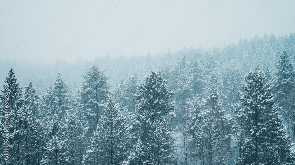 Snow-covered forest in the northern U.S., with clear skies offering space for copy