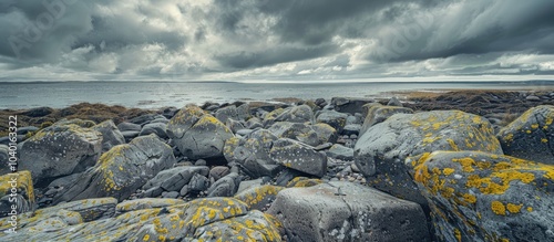 Fototapeta Naklejka Na Ścianę i Meble -  Scenic rocky seashore with stones adorned in yellow and green moss under a cloudy sky creating a picturesque landscape with copy space image
