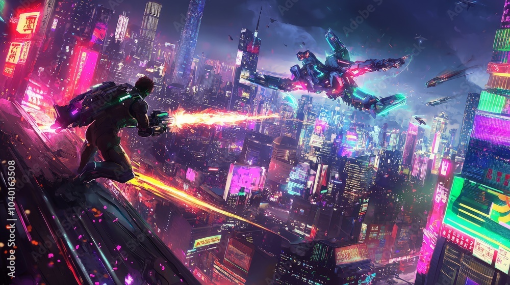 A futuristic cityscape with a man in a jetpack firing a laser beam at a robot flying above.