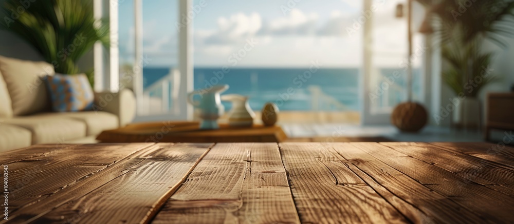 A wooden table placed in front of a blurred coastal living room setting offers a generous copy space image for showcasing products A wooden table placed in front of a blurred coastal living room setting offers a generous copy space image for showcasing products