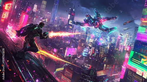 Obraz na płótnie A futuristic cityscape with a man in a jetpack firing a laser beam at a robot flying above. w salonie