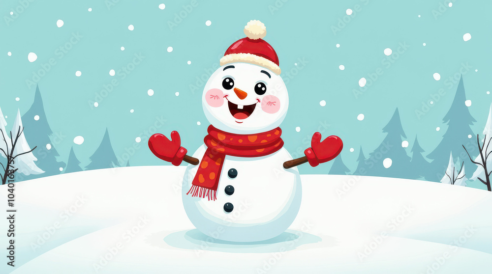 A snowman in a Santa hat, scarf and mittens on the background of a snowy winter landscape A snowman in a Santa hat, scarf and mittens on the background of a snowy winter landscape