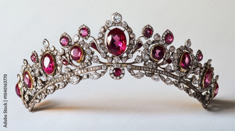 Obraz premium A luxurious gemstone tiara featuring diamonds and rubies, shining against a simple white backdrop