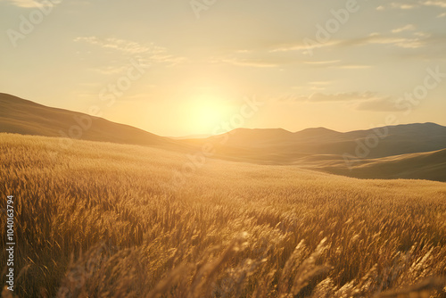 A vast open field bathed in warm golden light during sunset creates a serene and peaceful landscape