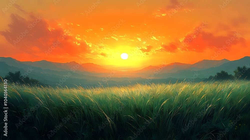 A vibrant sunset over a grassy field with mountains in the distance. A vibrant sunset over a grassy field with mountains in the distance.