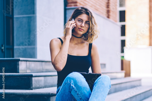 Portrait of attractive female student making international smartphone call for consultancy about university schedule and making notes in folder, young woman looking at camera on urban setting