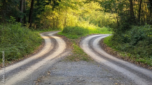 Two dirt paths diverge in lush forest with green foliage