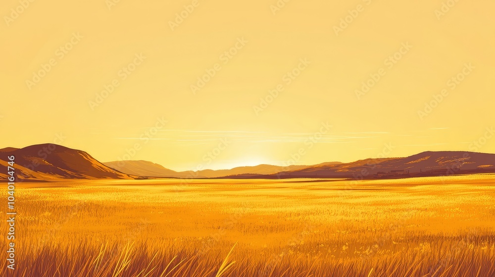 Obraz premium Sunset over a North American prairie with golden fields and space for text
