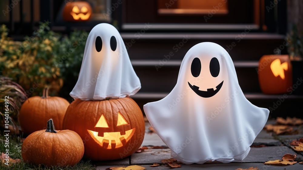 Spooky Season Steps: Two friendly ghosts perched on illuminated pumpkins, creating a charming Halloween scene on a home's steps. Perfect for autumnal decorations and spooky celebrations.