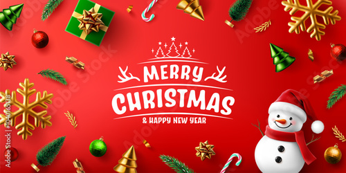 Merry Christmas and Happy New Year.This festive image features vibrant red background adorned with Christmas decorations, including ornaments, trees, and cheerful snowman, creating joyful holiday