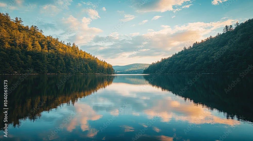 Top view of a calm lake in the Adirondacks, with ample room for text in the sky Top view of a calm lake in the Adirondacks, with ample room for text in the sky