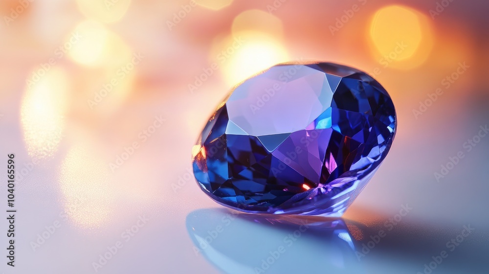 A radiant tanzanite gemstone reflecting deep blue and purple hues, placed on a smooth white surface A radiant tanzanite gemstone reflecting deep blue and purple hues, placed on a smooth white surface