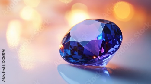 A radiant tanzanite gemstone reflecting deep blue and purple hues, placed on a smooth white surface