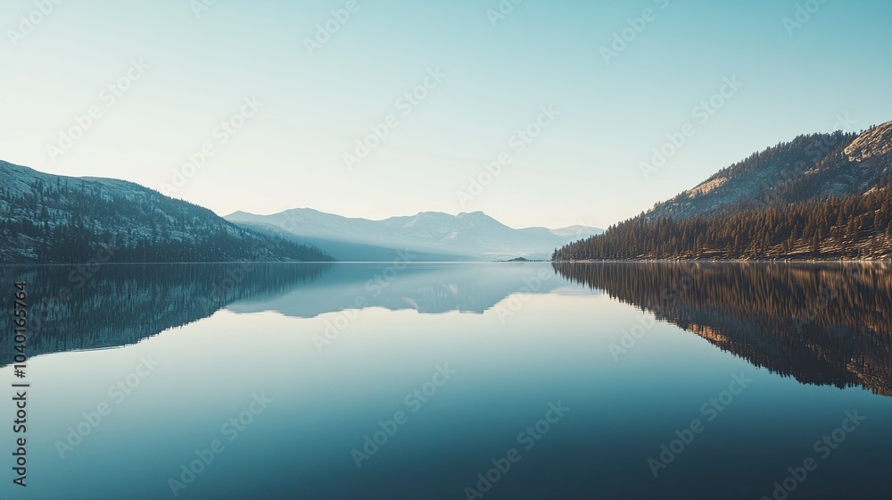 Top view of a calm lake in the Sierra Nevada mountains with room for copy in the sky Top view of a calm lake in the Sierra Nevada mountains with room for copy in the sky
