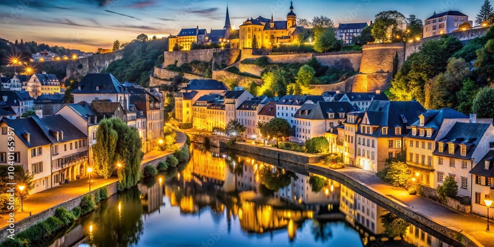 Naklejka premium Nighttime Drone Photography of Luxembourg's Grand Duchy Skyline Along Alzette River in Historical Old Town