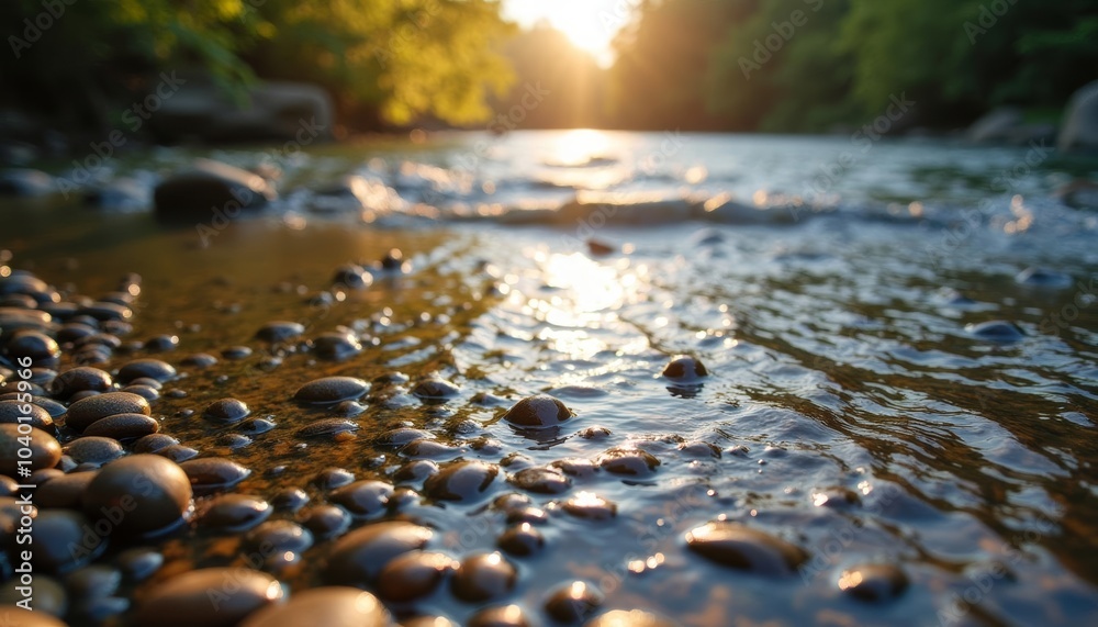 Fototapeta premium Tranquil river scene with sunlit water and rocks