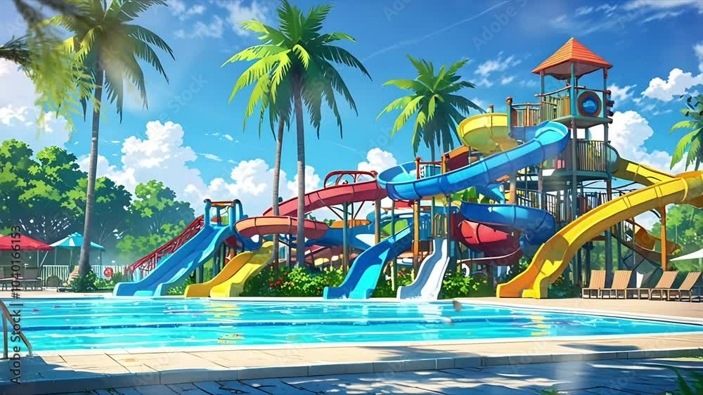 Pool area, Water park with water slides. Happy and joyful atmosphere. Seamless 4K looping timelapse video animation background Pool area, Water park with water slides. Happy and joyful atmosphere. Seamless 4K looping timelapse video animation background