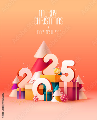 New year poster 2025. White numbers with colorful gift boxes.