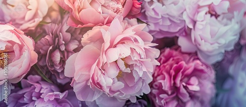 Fototapeta Naklejka Na Ścianę i Meble -  Close up photo of blooming pink and purple peonies in a botanical garden captured during summer and spring with copy space for text