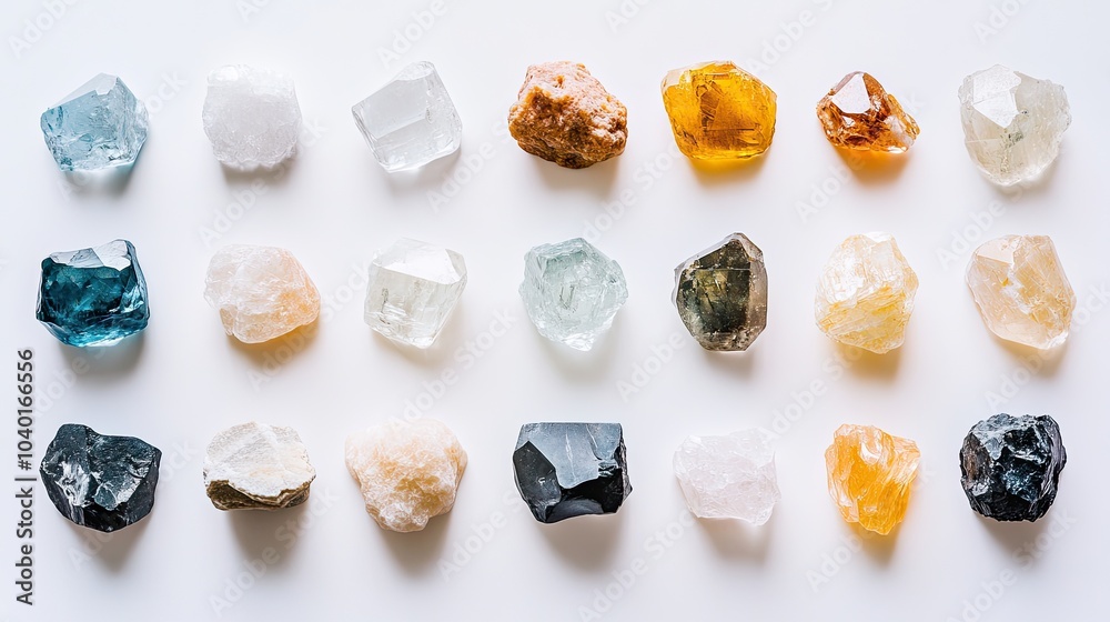 A set of raw uncut gemstones, including diamonds and topaz, arranged on a simple white background, capturing their natural beauty A set of raw uncut gemstones, including diamonds and topaz, arranged on a simple white background, capturing their natural beauty